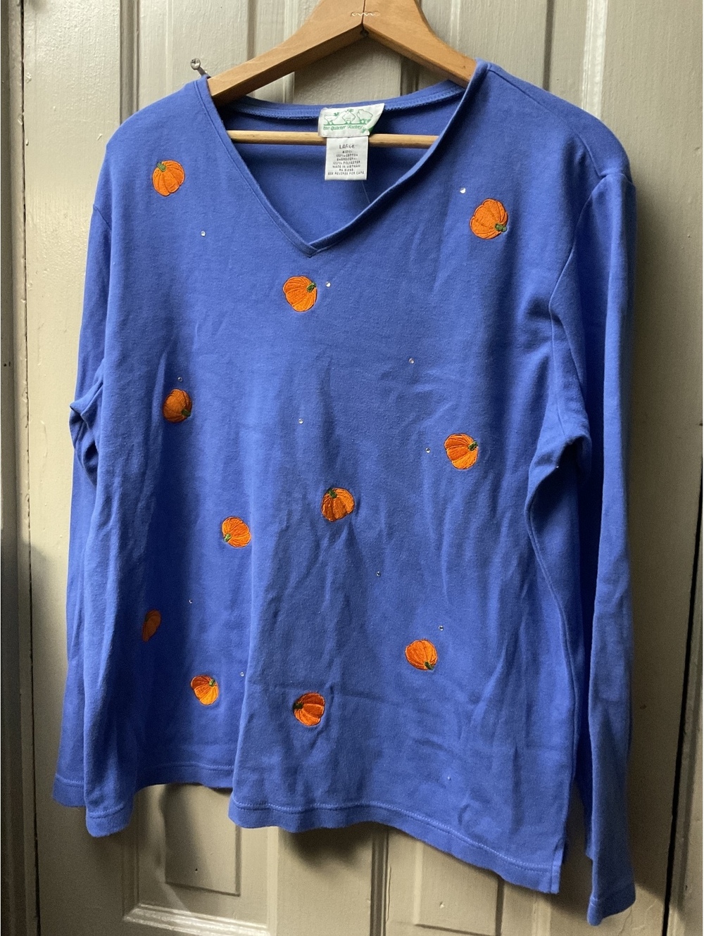 The Quacker Factory Blue Long Sleeve Shirt with Pumpkin Embroidery, Size Large